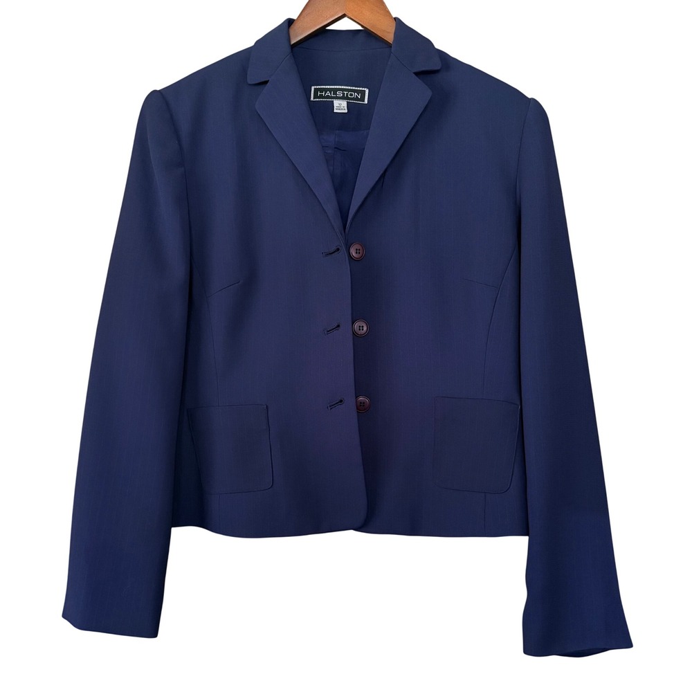 Vintage Halston Womens Navy Blue‎ Pinstriped Blazer Jacket Preppy Career Coastal